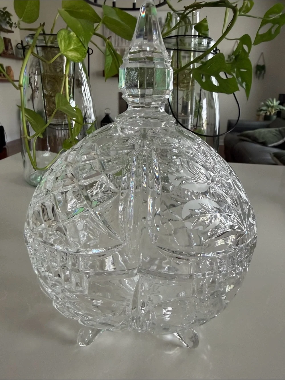 Vintage Cut Crystal Covered Candy Dish 10” Footed Lidded Trinket Bowl NWOT